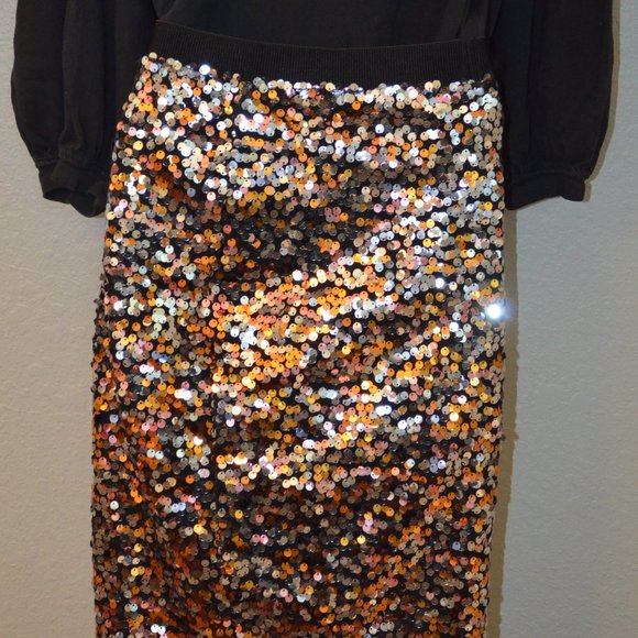 Sz XS H&M Copper & Silver Sparkly Sequin Stretch Pencil Skirt - Picture 4 of 13
